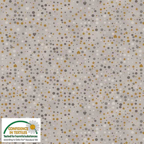 voksen Mechanics Hals Star Sprinkle in Taupe Gold Hearts, dots and stars by Stof Fabrics for  Blank Quilting - Calico Cottage